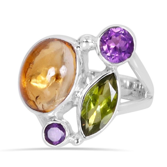 Sterling Silver Yellow Citrine and Peridot Birthstone Ring