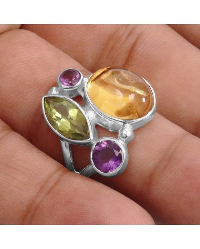 Sterling Silver Yellow Citrine and Peridot Birthstone Ring