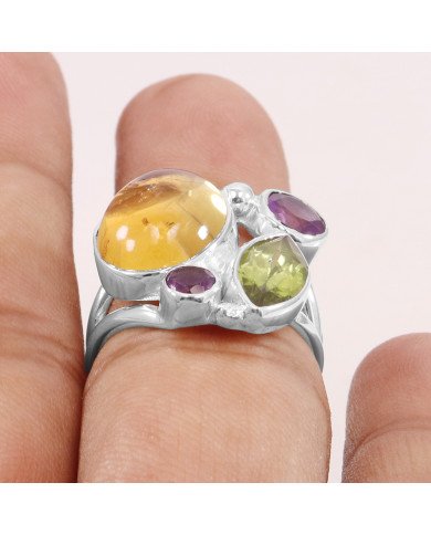 Sterling Silver Yellow Citrine and Peridot Birthstone Ring