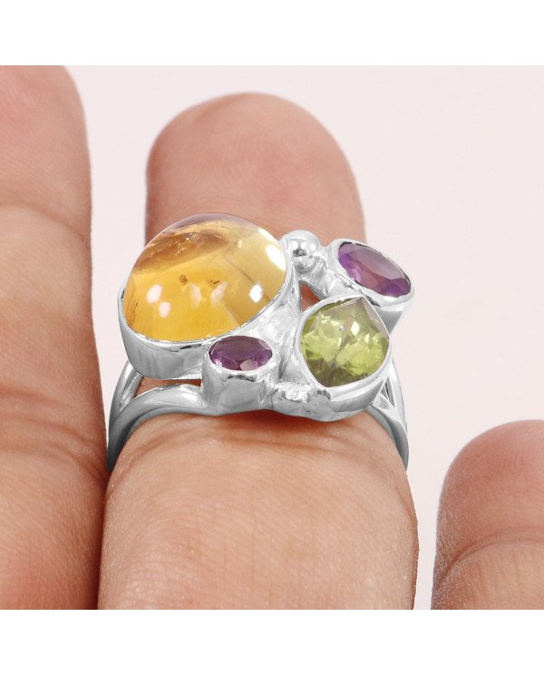 Sterling Silver Yellow Citrine and Peridot Birthstone Ring