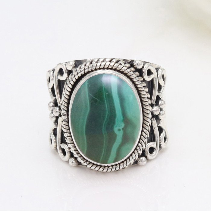 Real Malachite Sterling Silver Handmade Statement Ring