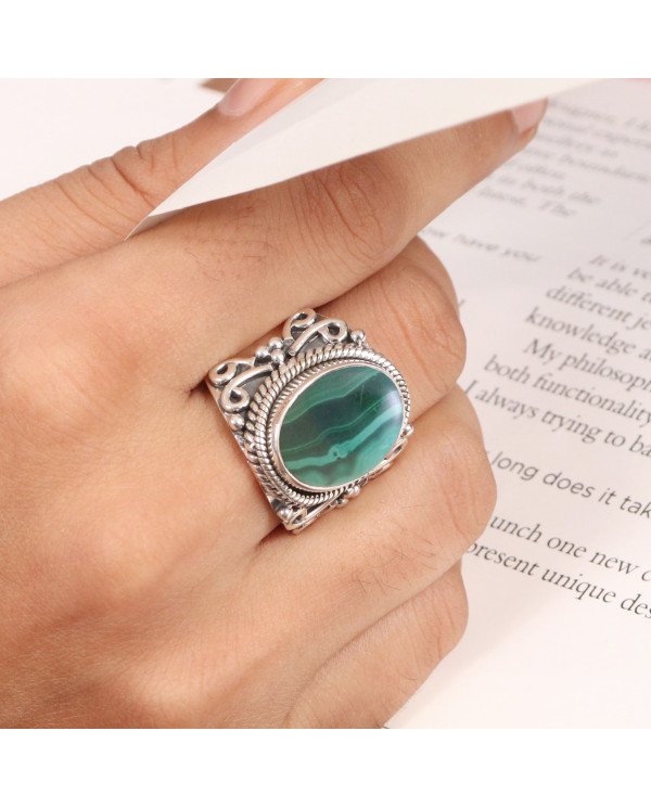 Real Malachite Sterling Silver Handmade Statement Ring