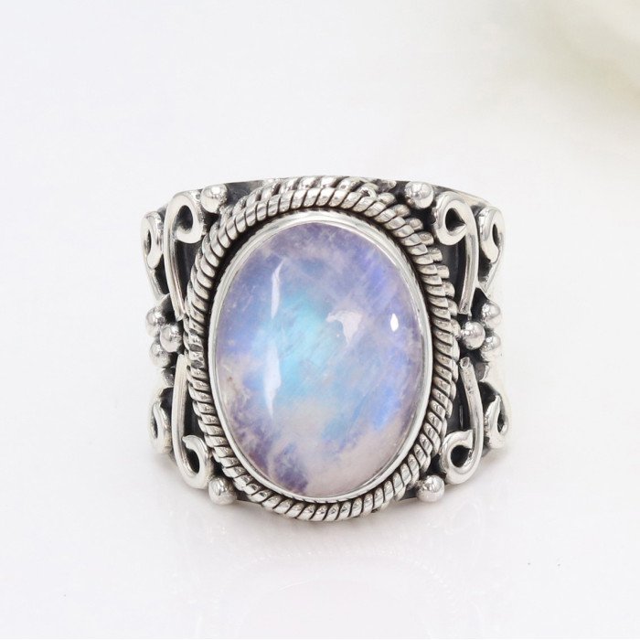 Sterling Silver Rainbow Moonstone June Birthstone Ring