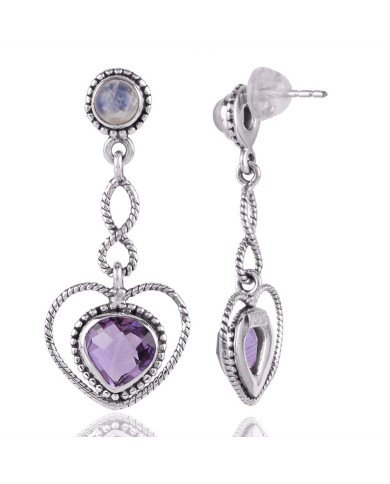 Small Earrings for Women Amethyst and Rainbow Moonstonre Silver