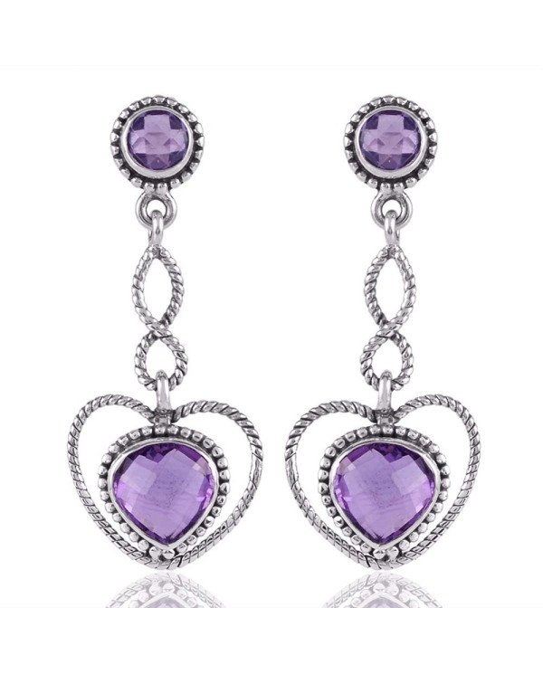 Cool Earrings for Women Amethyst Heart Shape Silver Dangle