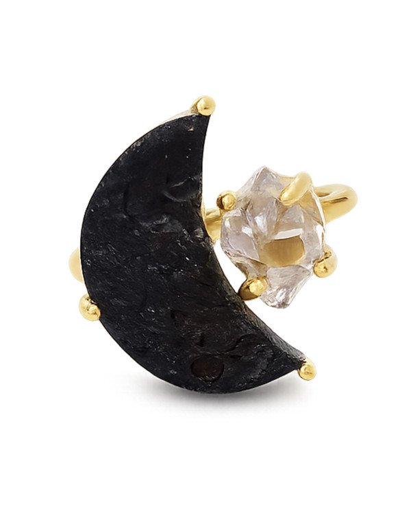 Herkimer Diamond Ring Raw Tektite Ring 18 K Yellow Gold Plated Ring