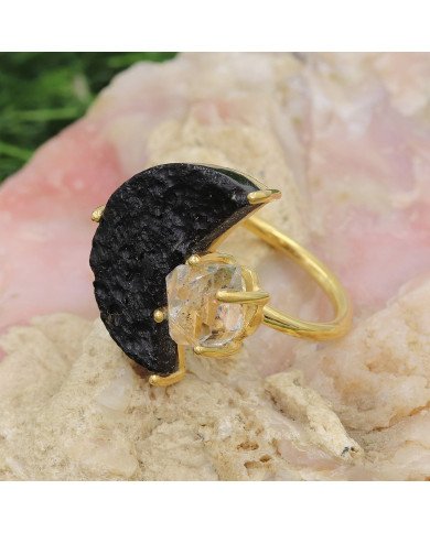 Herkimer Diamond Ring Raw Tektite Ring 18 K Yellow Gold Plated Ring