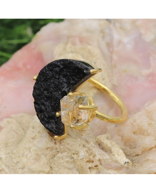 Herkimer Diamond Ring Raw Tektite Ring 18 K Yellow Gold Plated Ring