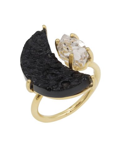 Herkimer Diamond Ring Raw Tektite Ring 18 K Yellow Gold Plated Ring