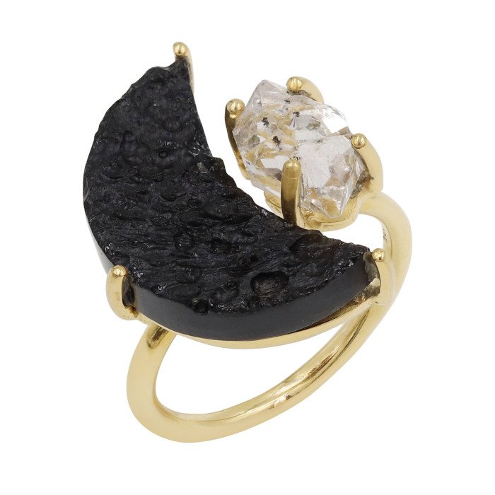 Herkimer Diamond Ring Raw Tektite Ring 18 K Yellow Gold Plated Ring