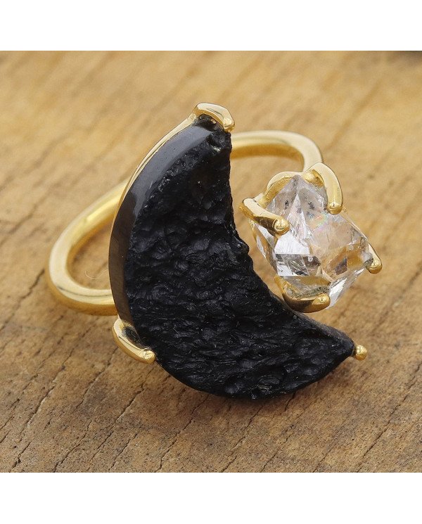 Herkimer Diamond Ring Raw Tektite Ring 18 K Yellow Gold Plated Ring