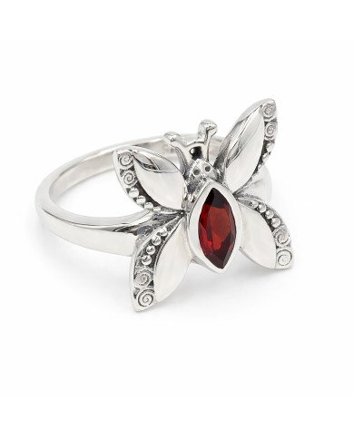 Sterling Silver Butterfly design January Birthstone Garnet Ring