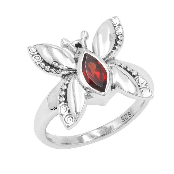 Sterling Silver Butterfly design January Birthstone Garnet Ring