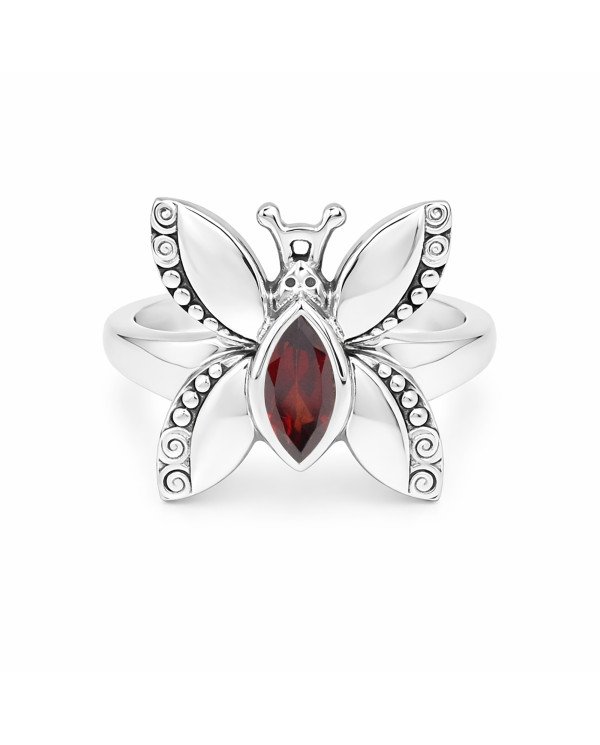 Sterling Silver Butterfly design January Birthstone Garnet Ring
