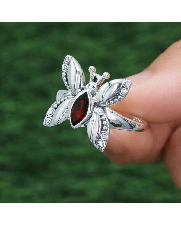 Sterling Silver Butterfly design January Birthstone Garnet Ring