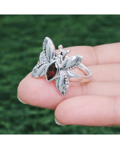Sterling Silver Butterfly design January Birthstone Garnet Ring