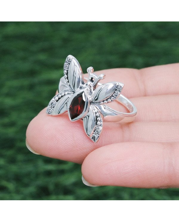 Sterling Silver Butterfly design January Birthstone Garnet Ring
