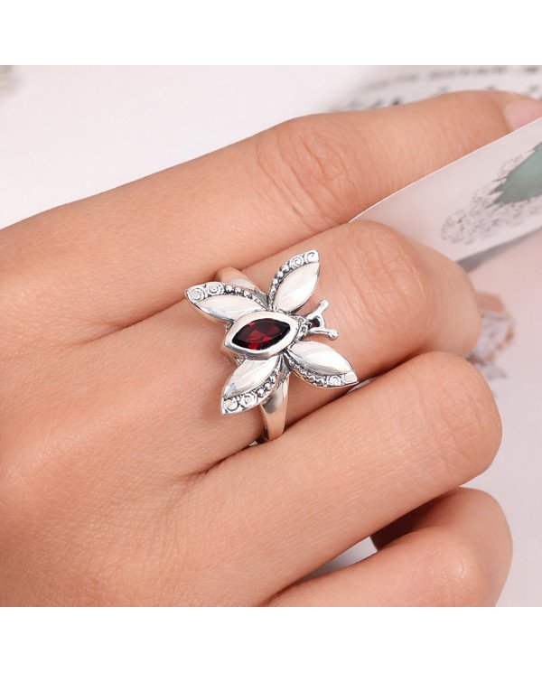 Sterling Silver Butterfly design January Birthstone Garnet Ring