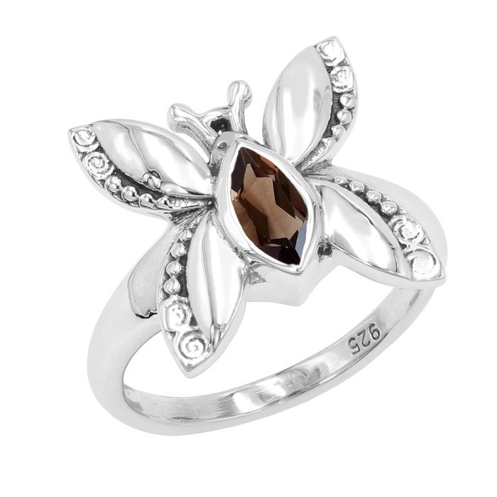 Smoky Quartz Ring 925 Sterling Silver Ring Butterfly Design Ring