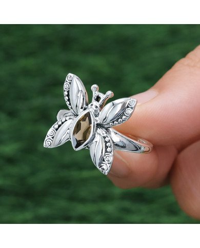 Smoky Quartz Ring 925 Sterling Silver Ring Butterfly Design Ring