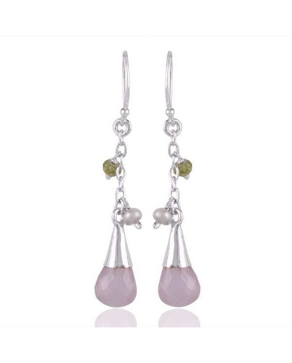 Fast Shipping Rose Quartz and Pearl Peridot 925 Silver Drop Earrings