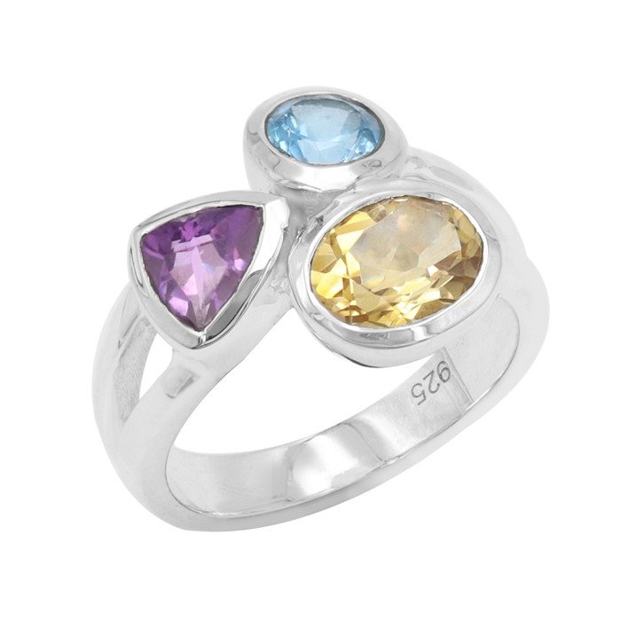 Citrine Gemstone Ring 925 Sterling Silver Ring Swiss Blue Topaz Ring