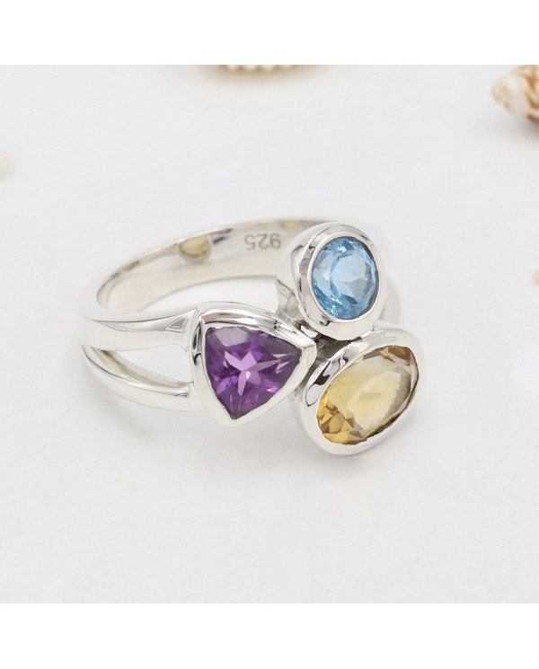 Citrine Gemstone Ring 925 Sterling Silver Ring Swiss Blue Topaz Ring