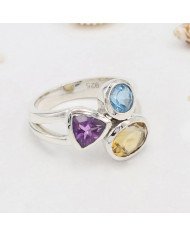 Citrine Gemstone Ring 925 Sterling Silver Ring Swiss Blue Topaz Ring