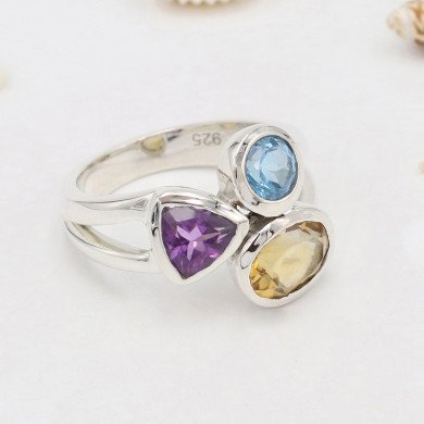 Citrine Gemstone Ring 925 Sterling Silver Ring Swiss Blue Topaz Ring