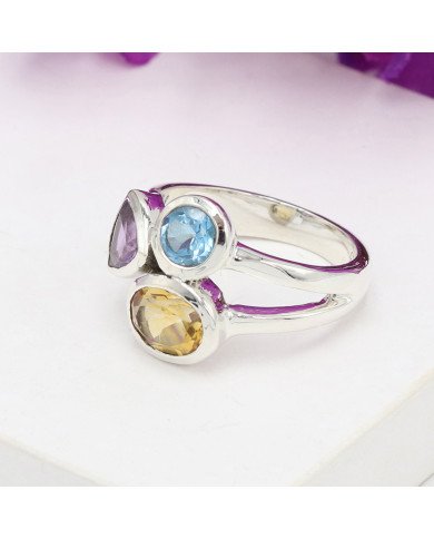 Citrine Gemstone Ring 925 Sterling Silver Ring Swiss Blue Topaz Ring