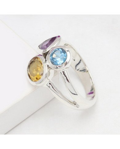 Citrine Gemstone Ring 925 Sterling Silver Ring Swiss Blue Topaz Ring