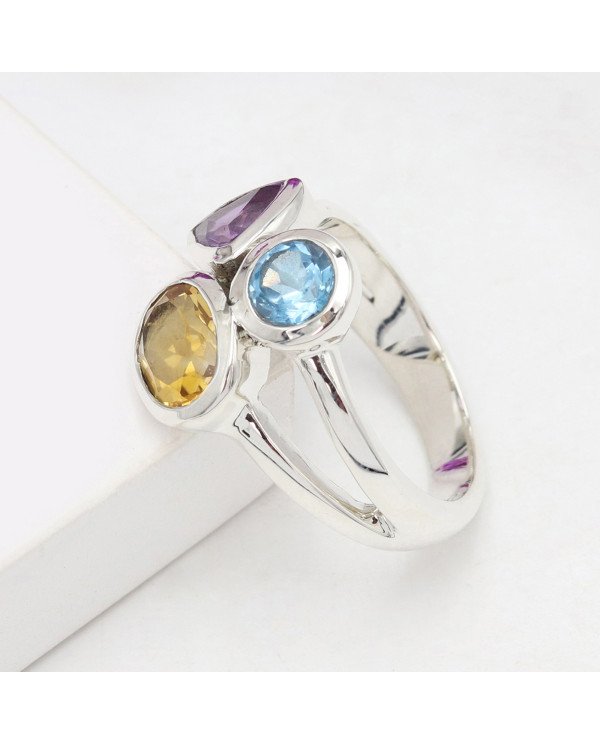 Citrine Gemstone Ring 925 Sterling Silver Ring Swiss Blue Topaz Ring