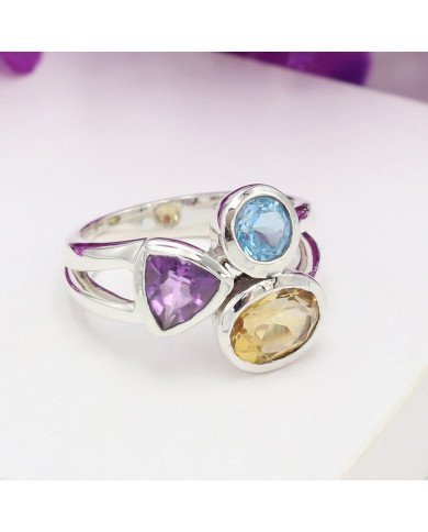 Citrine Gemstone Ring 925 Sterling Silver Ring Swiss Blue Topaz Ring