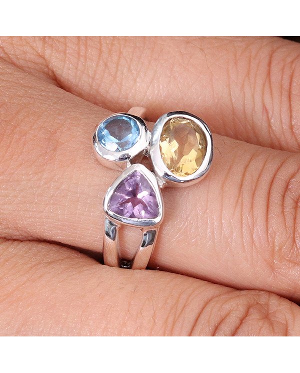 Citrine Gemstone Ring 925 Sterling Silver Ring Swiss Blue Topaz Ring