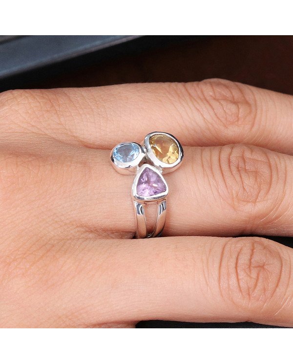 Citrine Gemstone Ring 925 Sterling Silver Ring Swiss Blue Topaz Ring