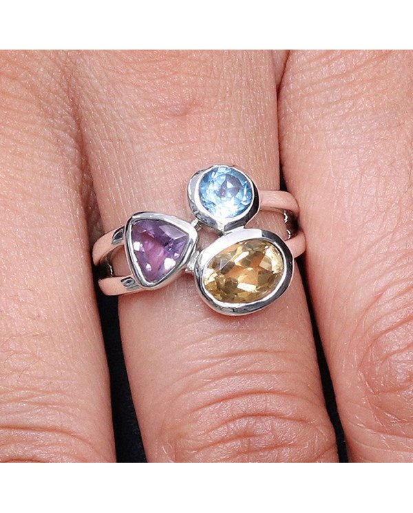 Citrine Gemstone Ring 925 Sterling Silver Ring Swiss Blue Topaz Ring