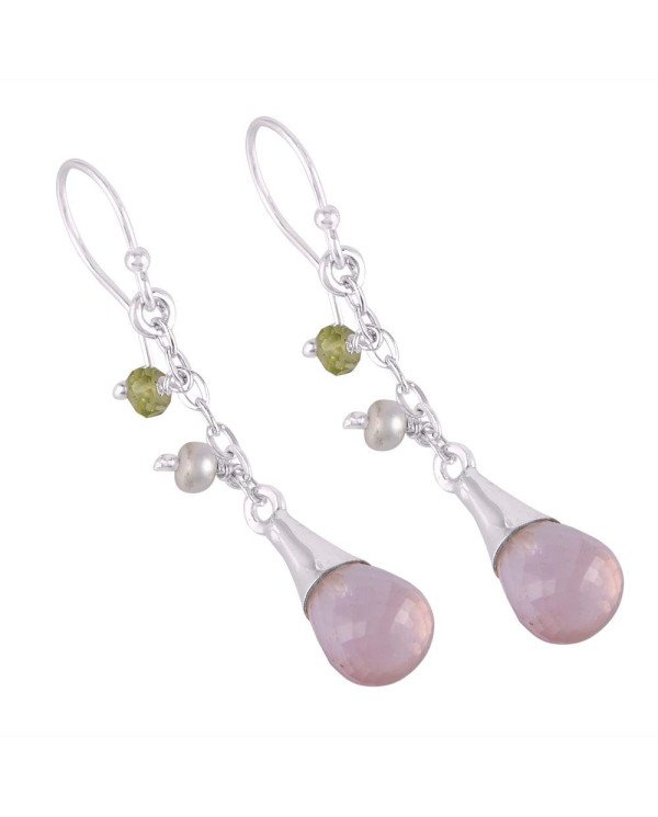 Fast Shipping Rose Quartz and Pearl Peridot 925 Silver Drop Earrings
