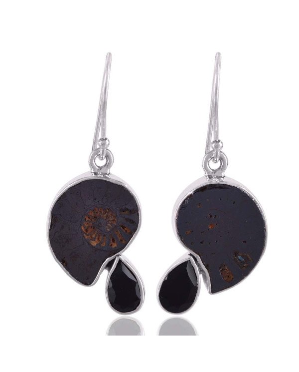 Black Earrings Women Ammonite and Black Onyx Sterling Silver