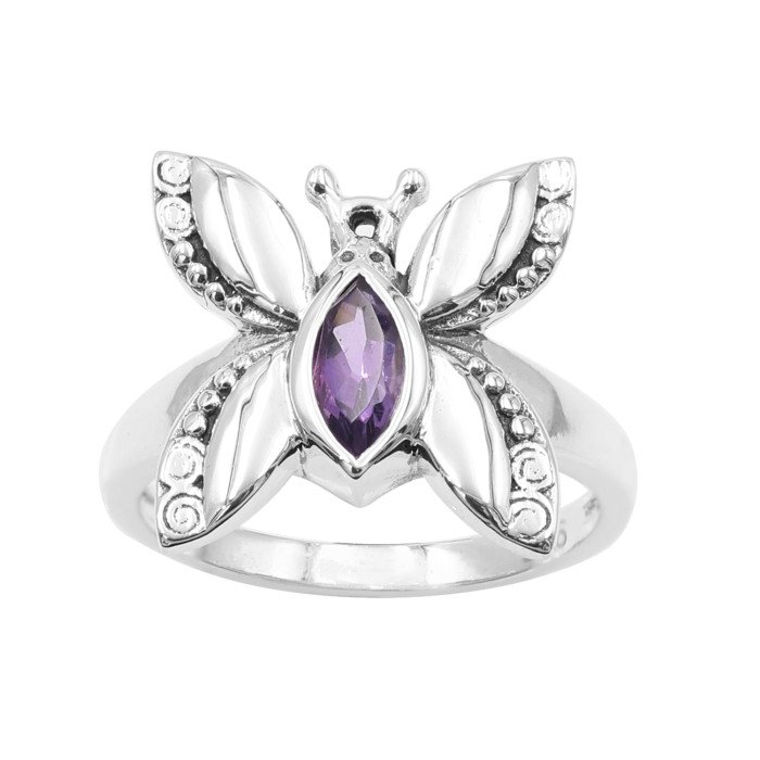 Sterling Silver Butterfly Design Amethyst Ring