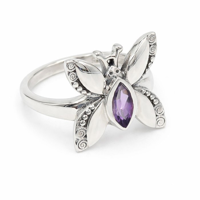 Sterling Silver Butterfly Design Amethyst Ring