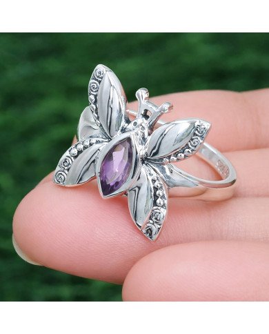 Sterling Silver Butterfly Design Amethyst Ring