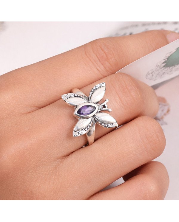 Sterling Silver Butterfly Design Amethyst Ring
