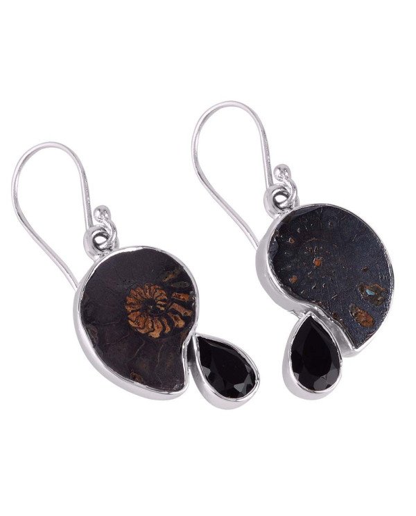 Black Earrings Women Ammonite and Black Onyx Sterling Silver