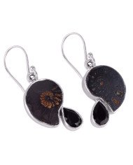 Black Earrings Women Ammonite and Black Onyx Sterling Silver