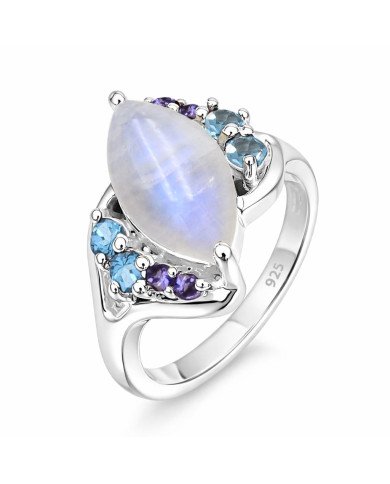 Rainbow Moonstone Ring 925 Sterling Silver Ring Swiss Blue Topaz Ring