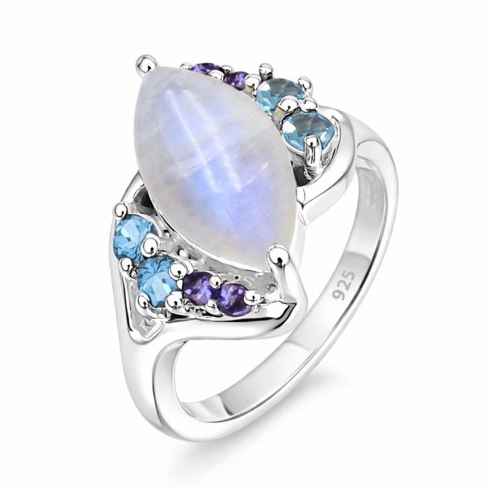 Rainbow Moonstone Ring 925 Sterling Silver Ring Swiss Blue Topaz Ring