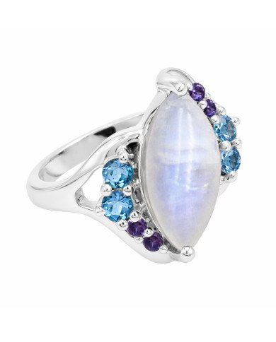 Rainbow Moonstone Ring 925 Sterling Silver Ring Swiss Blue Topaz Ring