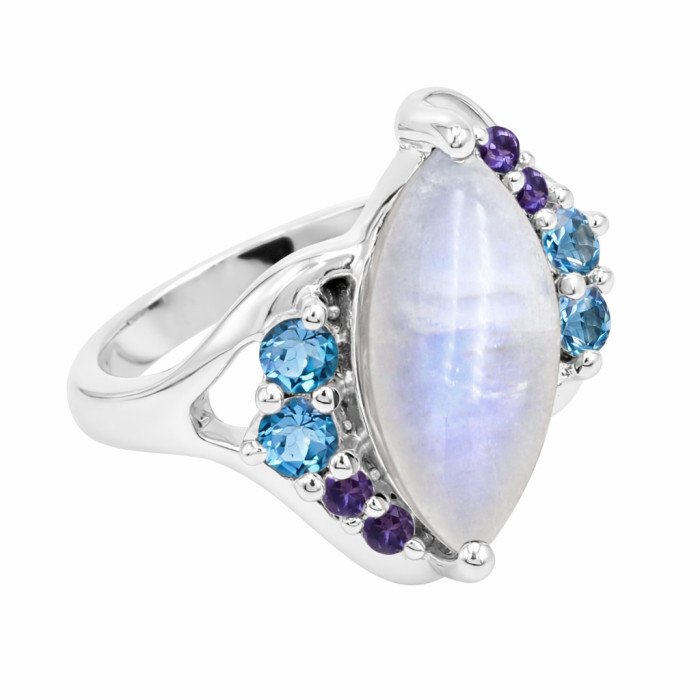 Rainbow Moonstone Ring 925 Sterling Silver Ring Swiss Blue Topaz Ring