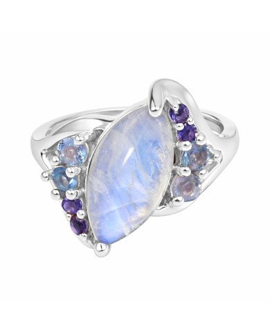 Rainbow Moonstone Ring 925 Sterling Silver Ring Swiss Blue Topaz Ring