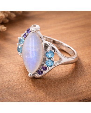 Rainbow Moonstone Ring 925 Sterling Silver Ring Swiss Blue Topaz Ring